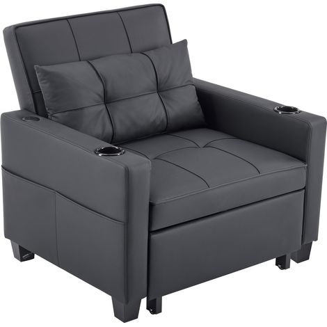 Sillón Convertible 1 Plaza, Sofá Cama 3 Posiciones con Portavasos y Bolsillo Lateral, Madera y Metal, Negro (1/5)