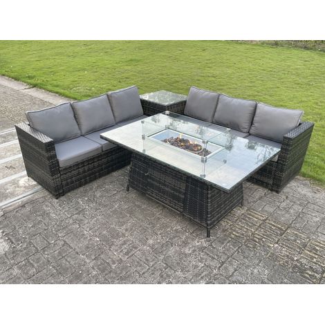 Fimous Outdoor Rattan Garden Corner Furniture Gas Fire Pit Table Dining Sets Gas Heater Burner Lounge Dark Grey 6 Seater (1/4)