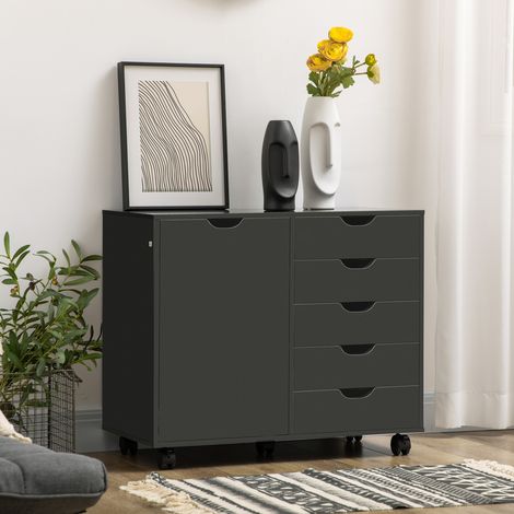 Caisson de bureau 5 tiroirs, 1 porte, étagère réglable, support imprimante sur roulettes, 78x40x66,5 cm, noir (1/5)