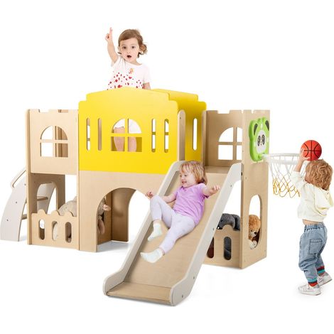 Set per scivolo da 7 in 1 per bambini con arrampicata e canestro da basket, Centro di attività ricreativa in legno (1/3)