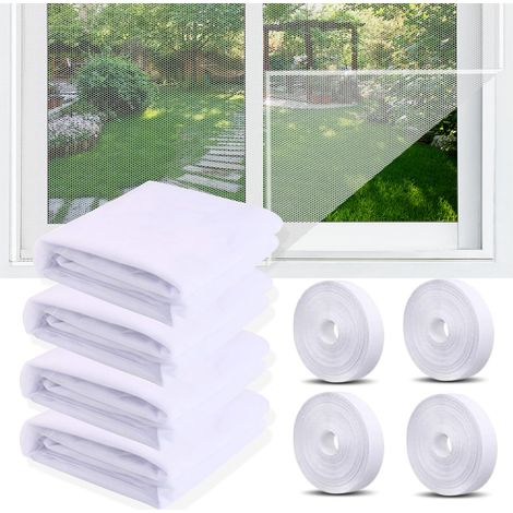 Zanzariera per finestra, 4 pezzi, 150x130 cm, zanzariera con 4 rotoli di strisce autoadesive, zanzariera anti-mosche tagliabile (bianco+)