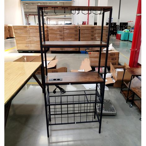Étagère de Cuisine Multi-Niveaux avec Prise de Courant, Supports à Verres et Tasses, 24 Porte-Bouteilles, 3 Étagères et 8 Crochets, pour Cuisine, Bar