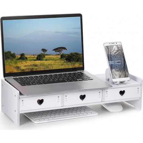 Support de Moniteur Blanc en Composite Bois-plastique Tiroir de Rangement pour Clavier, Organisation de Bureau Minimaliste et Élégant pour Espace de Travail (1/5)