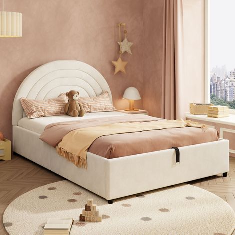 Bett Polsterbett Stauraum 140x200 Samt Beige OKMYHOME