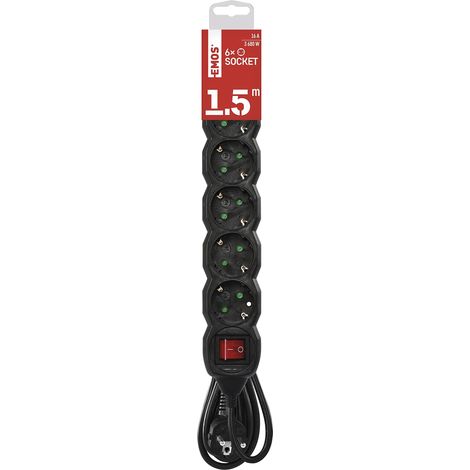 Multiprise 6 Prises avec Interrupteur, câble de 150 cm, Noir, Prises pivotées à 45°, Section 1,5 mm2, avec Protection de Contact Accrue, IP20 pour intérieur (1/5)