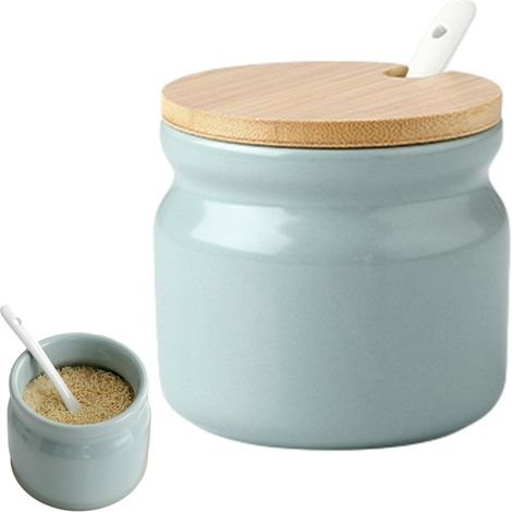 Sucrier avec cuillère, 300 ml, pot à sel en céramique avec couvercle et cuillère, pots à sucre, pots à épices pour cuisine, maison, café, bar, sucrier, récipient à sucre moderne (vert clair) (1/5)