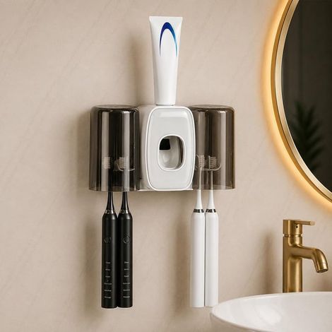 Porte-brosse à dents mural avec distributeur automatique de dentifrice, 2 gobelets et organiseur de salle de bain, fixation murale, gris et blanc (1/5)