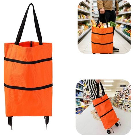 Chariot de courses pliable à roulettes - sac à provisions amovible à fermeture éclair pour shopping, orange, 42 x 27 cm (1/5)