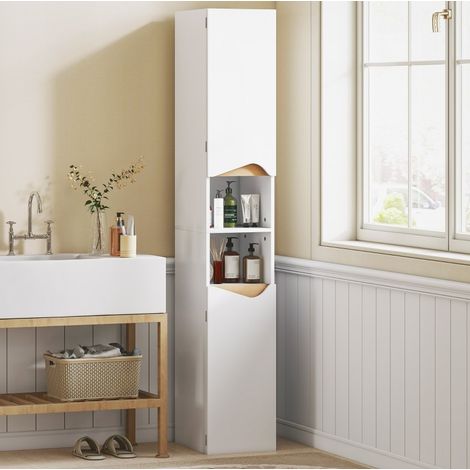 Badezimmer-Hochschrank Holz Weiß/Natur 30 cm, schmaler Badschrank mit 2 Türen und 2 offenen Fächern (1/3)