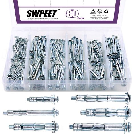 Molly Assortment of 80 Hollow Anchor Bolts perfect for securing drywall, plasterboard and panels to walls or ceilings – M4 × 32, M4 × 60, M5 × 52, M5 × 65, M6 × 52, M6 × 65 (1/5)