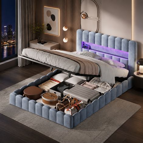FOERPL-Gepolstertes Bett 180x200cm mit LED et USB/Type-C, Doppelbett 180x200 mit hydraulischem Bettkasten, Polsterbett 180x200 mit Bettkasten und Lattenrost Gepolsterter Bettrahmen