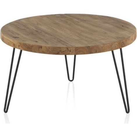 Table basse ronde en bois d’Olm vieux coloris naturel avec pieds en métal noir- Ø 71 x Hauteur 40 cm (1/2)