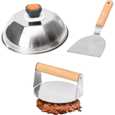 Ensemble presse-hamburger – Presse à viande, couvercle pour faire fondre le fromage et spatule à barbecue, couleur argentée (1/5)