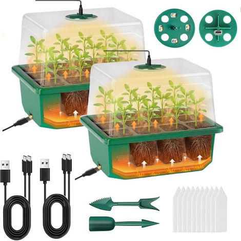 Lot de 2 plateaux de semences, propagateur avec lumière de croissance et chaleur – Propagateurs réutilisables pour plantes avec couvercles surélevés, plateau de germination pour semis lot de 2 (1/5)