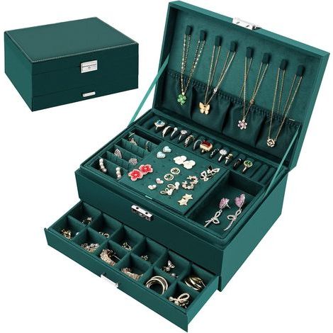 Boîte à bijoux pour femmes et filles, en velours, à trois compartiments, avec serrure, grande capacité, idéale pour ranger colliers, boucles d'oreilles et bracelets. (1/5)