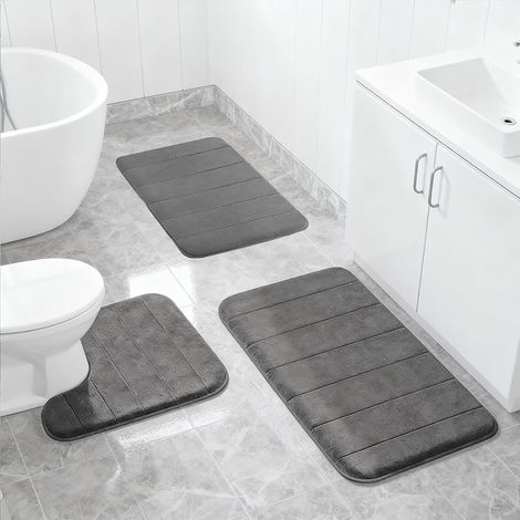 Lot de 3 Tapis de Bain Antidérapant, Salle de Bain Lavables en Microfibre et Tapis de WC en Forme de U pour Douche, WC et Baignoire, Gris Foncé (1/5)