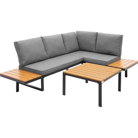 ML-Design Set Mobili da Giardino Grigio Effetto Legno 3 Pezzi con Tavolino e Cuscini, Divano Angolare per Terrazza e Balcone, Sedute Combinabili Resistenti alle Intemperie, Arredo Lounge Esterno