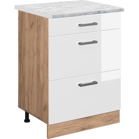 Mueble bajo de cocina R-Line, Blanco alto brillo, 60 cm ET Mármol, Vicco