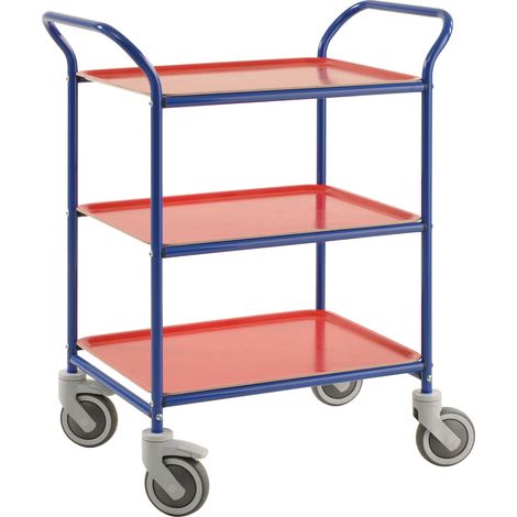 Kongamek Tablettwagen 770x495x960mm blau pulverbeschichtet mit Bremse und 3 Tabletts in rot (1/2)
