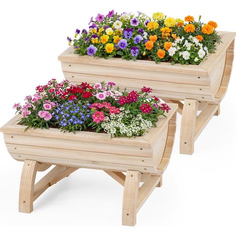 Lot de 2 Bac à Fleur en Bois de Sapin, Jardinières Surélevées sur Pieds avec Trou de Drainage, pour Légumes, Herbes, Fleurs, Naturel (1/5)