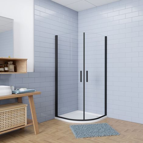 AICA 90x90cm schwarze Duschkabinen Dusche Viertelkreis Duchabtrennung Schiebtür 5mm NANO ESG Glas Runddusche H.185cm mit 90x90cm Viertelkreis Kunststein Duschwanne (1/5)