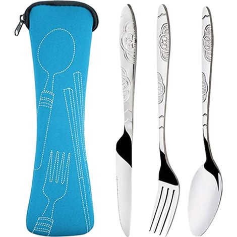 Couteau Fourchette Cuillère - Ensemble Couverts Extérieur En Acier Inoxydable Avec Boîtier De Transport - Pour Pique-Nique Camping Voyage Bureau - Lot De 3 (1/5)
