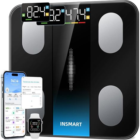 Pese Personne Intelligent, Balance Pese Personnes Haute Précision avec Grand Écran, Balance Connectée 16 Mesures Corporelles, IMC, Pourcentage de graisse Synchronisation APP, 400lb, Noir (1/5)