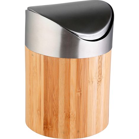 Axentia Mini pattumiera da tavolo in bambù e acciaio inox spazzolato opaco con coperchio basculante Bonja, ca. 12 cm x 16, 5 cm, 0,8 l, marrone/legno (1/5)