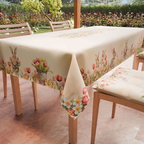 Nappe de Pâques rectangulaire antitache/Housse de Table de Cuisine – Motif Tulipes – 14 Couverts (140 x 300 cm) – 100% Fabriqué en Italie (1/4)