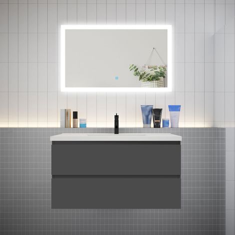 AICA Ensemble meuble vasque L.99cm anthracite 2 tiroirs + led miroir + lavabo (1/5)
