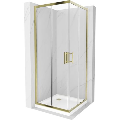 Mexen Rio cabina doccia quadrata 90 x 90 cm, trasparente, oro + piatto Flat, bianco - 860-090-090-50-00-4010G