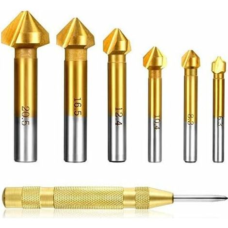 Set of 6 90 ° cutters, set of HSS cutters, titanium coatings Ø 6.3-20.5 mm milling with 1 pack of automatic central brass punch (milling set + 1 punch) (1/4)