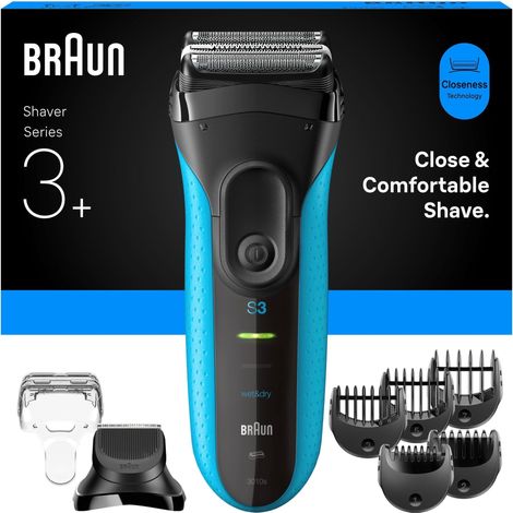 Braun - Series 3+ Electric Shaver with Beard Trimmer Attachment, Wet & Dry - 3010BT - Blue