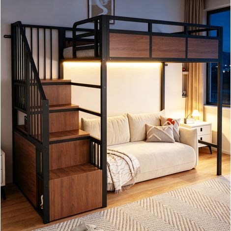Lit mezzanine enfant 90x200 cm avec rangement et LED, noir, métal et bois, sans matelas FloraGrace (1/5)