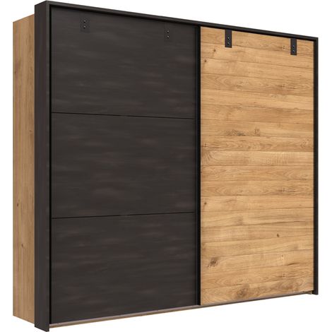 Armoire avec un cadre 2 portes coulissantes en chêne poutre rechampis raw steel - L200 x H218 x P65 cm -PEGANE-