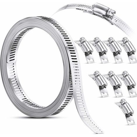 TONCHEAN Collier de serrage,Collier de Serrage Collier à Vis sans Fin en Acier, Sangle Collier de Serrage avec Attaches, Pinces en Acier Inoxydable 304 Collier de Serrage de Tuyau Réglable à Vis (8 Pi (1/5)