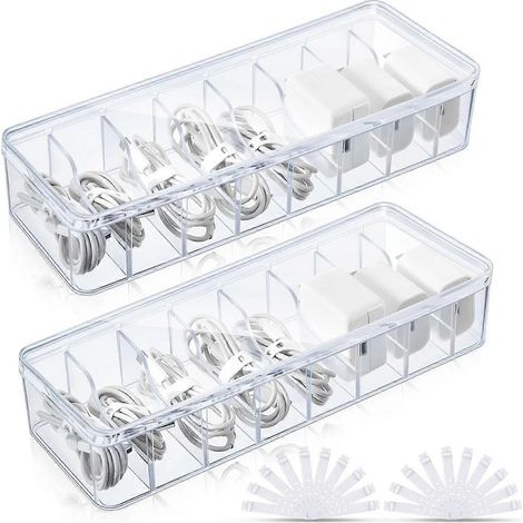 Lot de 2 boîtes de rangement pour câbles, boîtes transparentes avec couvercle pour bureau (1/5)