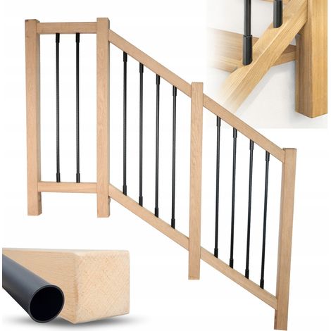 Garde-corps escalier bois hêtre massif avec tubes noirs, rambarde à fixation latérale