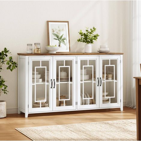 Aparador 160 cm con puertas de vidrio, tablero efecto madera, antivuelco, blanco OKMYHOME (1/5)