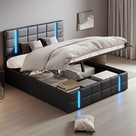 Letto 140x190 cm - 3YZ - Porta USB - LED - idraulico - PU - struttura letto matrimoniale 140x190 cm - Nero