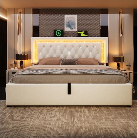 Lit double moderne 180x200 cm en velours beige avec tête de lit LED réglable, USB/USB-C, coffre hydraulique et sommier à lattes (1/5)