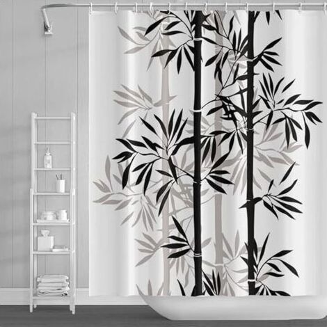 150x180cm Bambou Feuilles Rideau de Douche Noire Blanc Abstrait Bambou Plante Rideau de Bain Peinture à l'encre Rideau de Baignoire pour Enfants Salle Bains Polyester avec Crochets (1/5)