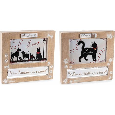 Cornice portafoto in legno con decori cani / gatti e scritta decorativa girevole, set da 4 pezzi, cm 19,5 x 3,5 x 18,5 H