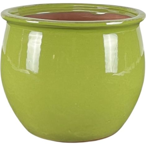 Provencelia Newton 55x46cm, pot grande taille d'extérieur fait main en terre cuite émaillée, résistant au gel, vert olive (1/4)