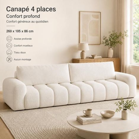 Canapé Modulable 260cm Velours Blanc Crème, Sans Montage - Canapé Droit - 4 Places, Modulaire, Assise Profonde, Pour Salon Design (1/5)