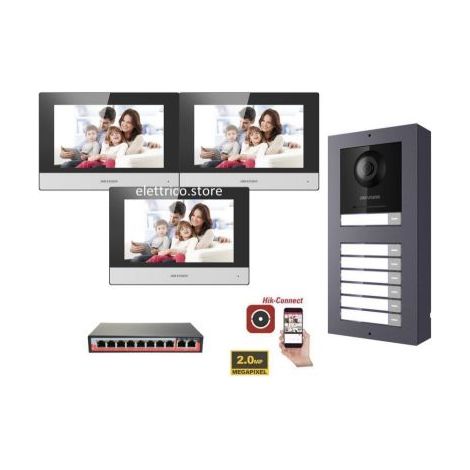 KIT Videocitofono IP Poe Hikvision 3 appartamenti Monitor 7 pollici WIFI smart telecamera 2 mpx