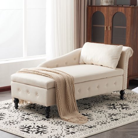 Chaise longue 144 cm rettangolare in velluto, con vano contenitore, borchie decorative, schienale trapuntato e braccioli arrotondati - Beige