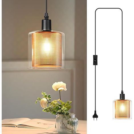 ZMH Lampe Suspendue Vintage 1 Flamme Verre Doré Prise Interrupteur E14 Câble 2m Métal Rétro Pour Salle à Manger Salon Cuisine (1/5)