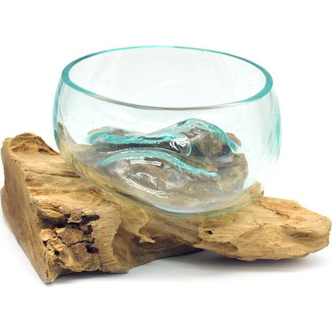 Racine avec bol en verre - Petit bol décoratif en verre sur bois - Diamètre : 12-13 cm - Décoration en bois de teck (marron clair) (1/5)