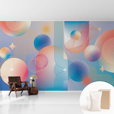 Papier peint intissé avec imprimé pour décoration intérieure pour rénovation a motif - Colle incluse gratuite Abstraction colorée 416x254 cm (1/5)